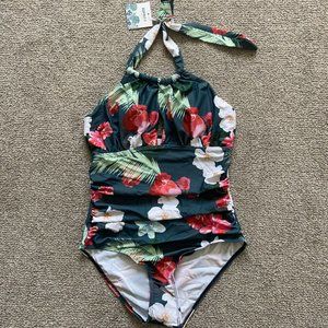 Tropical Halter One-Piece Swimsuit - Dark Green Floral